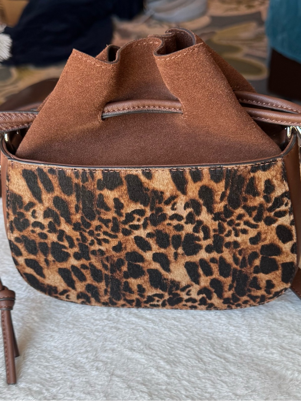 Vince Camuto Leopard Print Haircalf & Brown Suede Drawstring Crossbody
